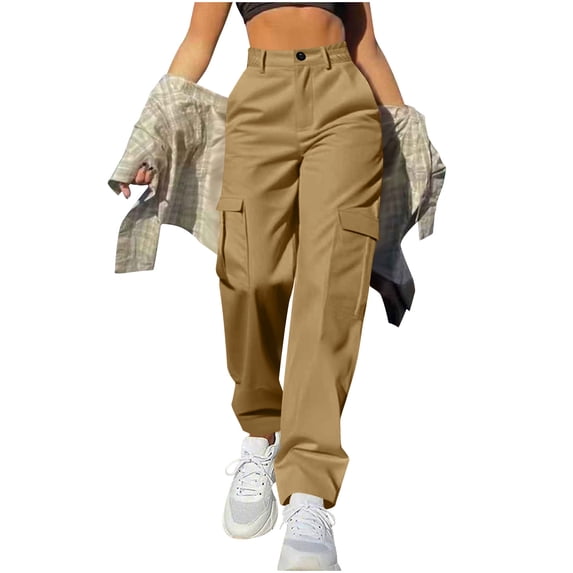 MXUIKV Cargo Pants Women Straight Leg Elastic Waist Loose Fitted Plus Size Button Trousers with Multi Pockets(X-Large,Khaki1)