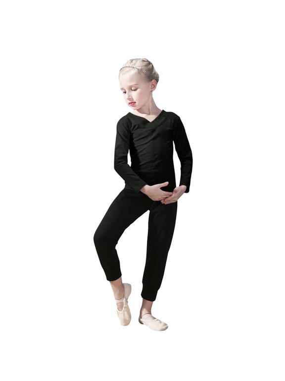 Girls 2 Piece Dancing Set Yoga Athletic Slim Fitted Long Sleeve V-Neck Tops Leggings Outfits(5-6 Years,Black)