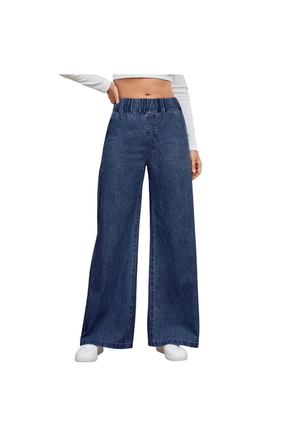 Jeans for Women Elastic High Waist Wide Leg Baggy Fitted Casual Boyfriend Denim Pants Spring Fall(Large,Dark Blue)