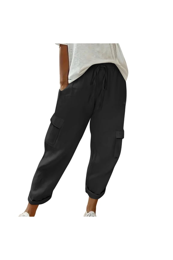 Linen Pants for Women Lightweight Cozy Loose Fitted Pants with Multi Pockets Travel Beach Cargo Pants