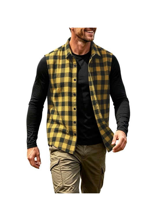 Men's Plaid Vest Sleeveless Shirt Relaxed Fitted Button down Lapel Collar Casual Work Jacket(X-Large,Yellow)