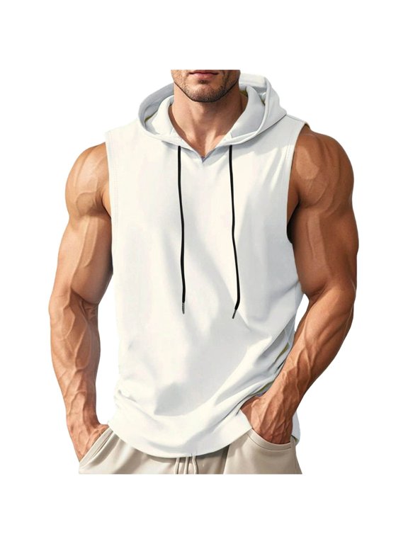Men's Tank Tops Drawstring Hooded Sleeveless T-Shirts Athletic Gym Casual Preppy Summer Tops(3X-Large,White)