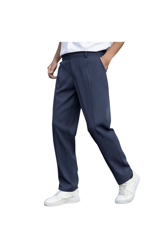 Men's Work Pants Loose Fitted High Waist Straight Leg Office Dress Slacks with Side Pockets(X-Large,Navy)