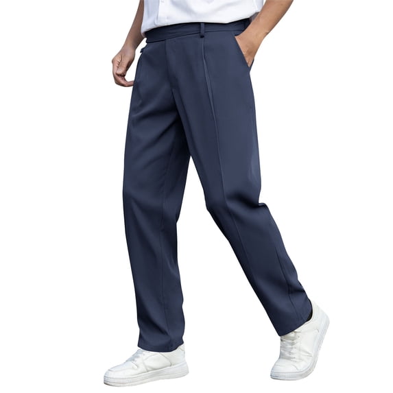 MXUIKV Men's Work Pants Loose Fitted High Waist Straight Leg Office Dress Slacks with Side Pockets(X-Large,Navy)