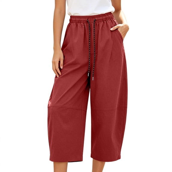 MXUIKV Pants for Women Plus Size Loose Fitted Drawstring Elastic Waist Wide Leg Cropped Barrel Trousers(Medium,Wine)