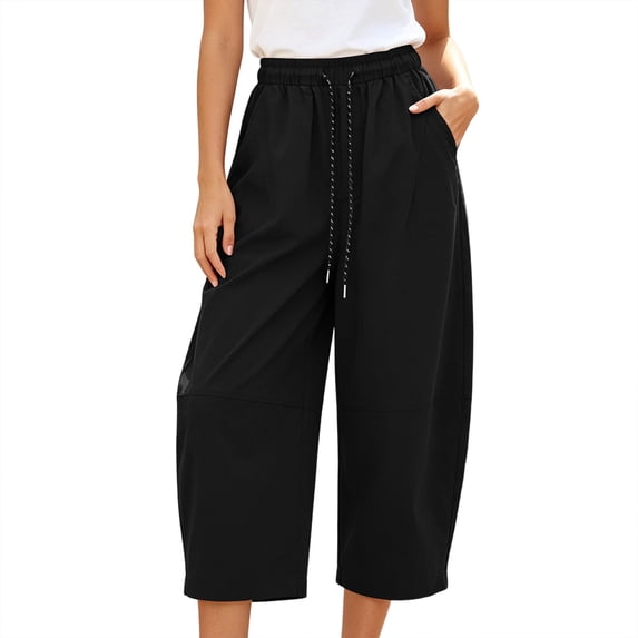 MXUIKV Pants for Women Plus Size Loose Fitted Drawstring Elastic Waist Wide Leg Cropped Barrel Trousers(X-Large,Black)