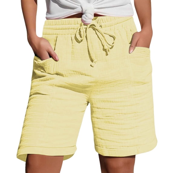 MXUIKV Shorts for Women 7" Elastic Waisted Drawstring Cotton Linen Short Pants with Pockets