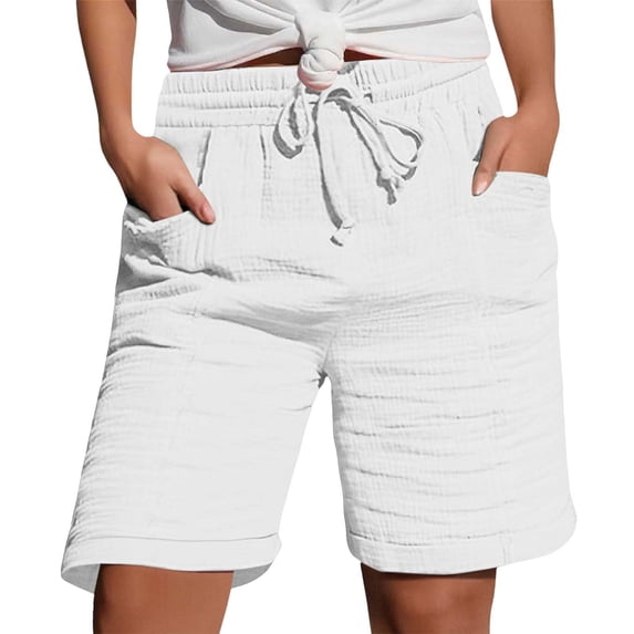 MXUIKV Shorts for Women 7" Elastic Waisted Drawstring Cotton Linen Short Pants with Pockets