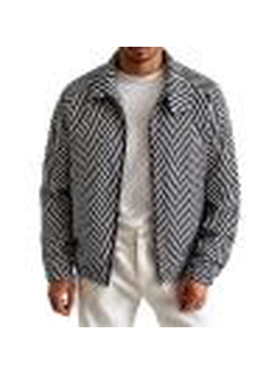 Striped Jacket for Men Relaxed Fitted Lapel Collar Zip up Streetwear Old-School Coat Outerwear(X-Large,Black)