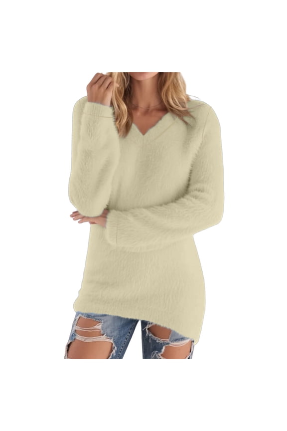MXUIKV Sweaters for Women Long Sleeve V Neck Fleece Knitted Loose Fitted Pullover Womens Sweaters Solid Color