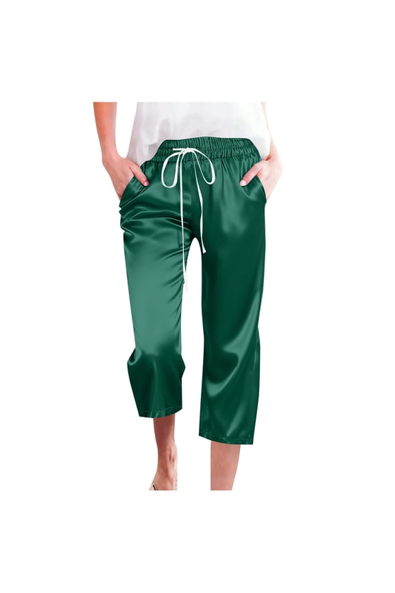 Womens Capri Pants Satin Silk Drawstring Elastic Waist with Pockets Lounge Pants with Pockets