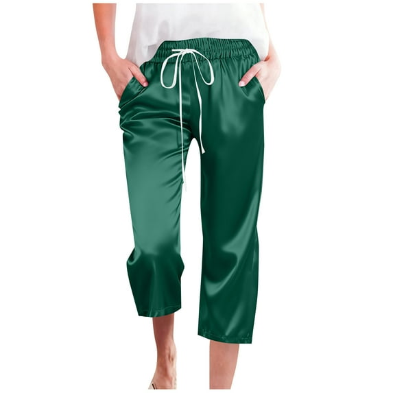 MXUIKV Womens Capri Pants Satin Silk Drawstring Elastic Waist with Pockets Lounge Pants with Pockets