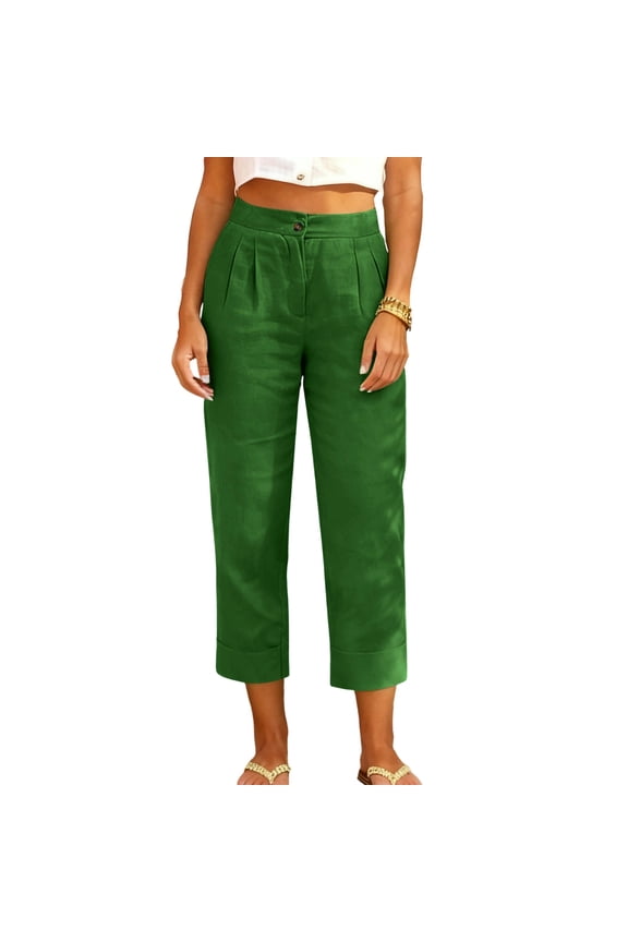 Womens Linen Cotton Capri Pants with Pockets High Waist Summer Casual Beach Pants