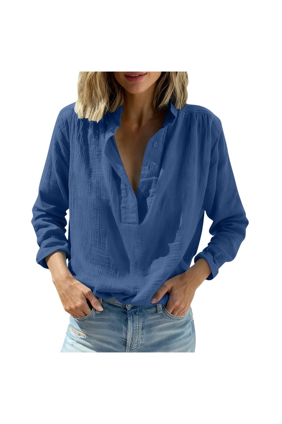 Womens Shirts Nylon Spandex Loose Fitted Long Sleeve V Neck Regular Half Button Pullover Casual Shirts for Women Solid Color
