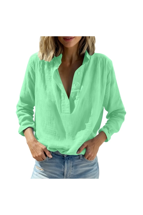 Womens Shirts Nylon Spandex Loose Fitted Long Sleeve V Neck Regular Half Button Pullover Casual Shirts for Women Solid Color