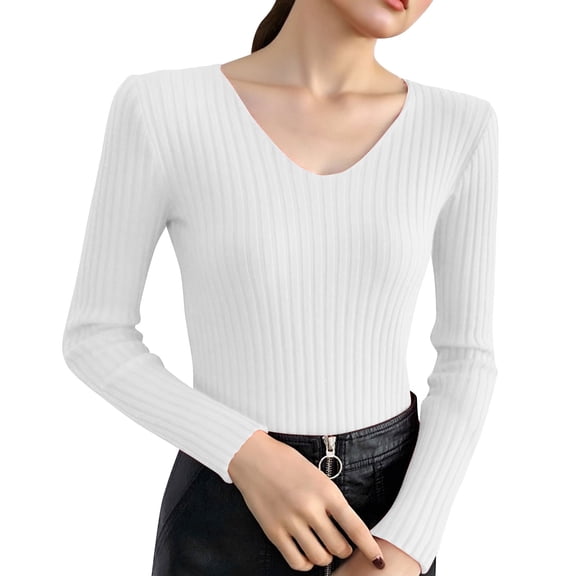 MXUIKV Womens Sweaters Long Sleeve V Neck Slim Strtchable Women Sexy Tops Tunic Fitted Casual Shirts for Women Fall Winter Trendy