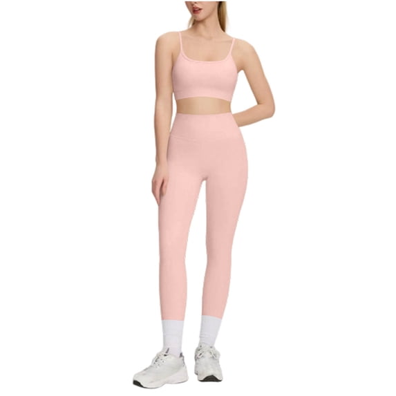 MXUIKV Workout Sets for Women Lightweight Yoga Tight Fitted Cropped Spaghetti Strap Top High Waist Trousers(X-Large,Pink)