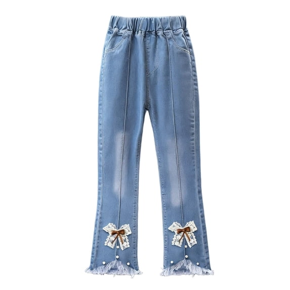 MXUIKV Girls Teen Kids Jeans Pants Micro Flare Slim Fitted Straight Leg Elastic Waist Bow Fringed Hem Trousers(2-3 Years,Light Blue-07)