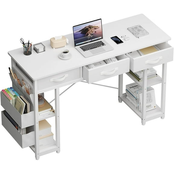 MXV 47" White Computer Desk with Fabric Drawers & Storage Shelves, Small Office Desk, Home Office Desk, Study Writing Table, Makeup Vanity Table, Laptop Desk with Side Bag, 47"x16"