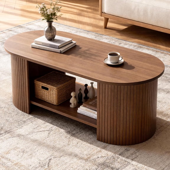 MXV Oval Fluted Coffee Table, 2-Tier Mid Century Modern Center Table, Tea Table with Large Storage, Farmhouse Coffees Table for Living Room, Office, Bedroom, Walnut