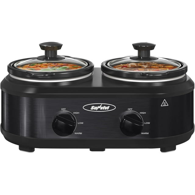 MXXF Double Slow Cooker,2 Pot Small Mini Crock Buffet Servers and Warmer,Dual Pot Oval Manual Slow Cooker with Adjustable Temp Removable Ceramic Pot,Stainless Steel, Total 2 * 1.25 Quarts Black