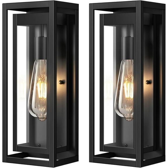 MY.15" Large Outdoor Wall Lights, 2 Pack Matte Black Outdoor Sconces, Modern Waterproof Exterior Lighting Fixtures with Clear Glass Shade for Front Door, Porch, Garage