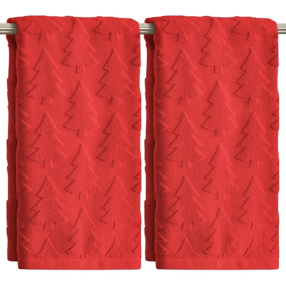 MY 2 Pcs Red 3D Xmas Tree Jacquard Christmas Hand Towels for Bathroom, 100% Cotton Soft Absorbent Bathroom Decor Towels, 13.7 x 29.5 Inch