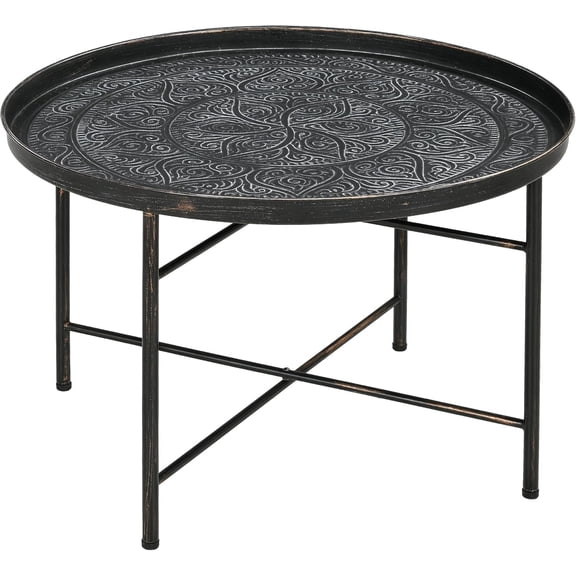 MY 24" Round Coffee Table with Hammered Tray Top, Vintage Metal Center Table for Living Room, Bedroom, Side Table, Pewter