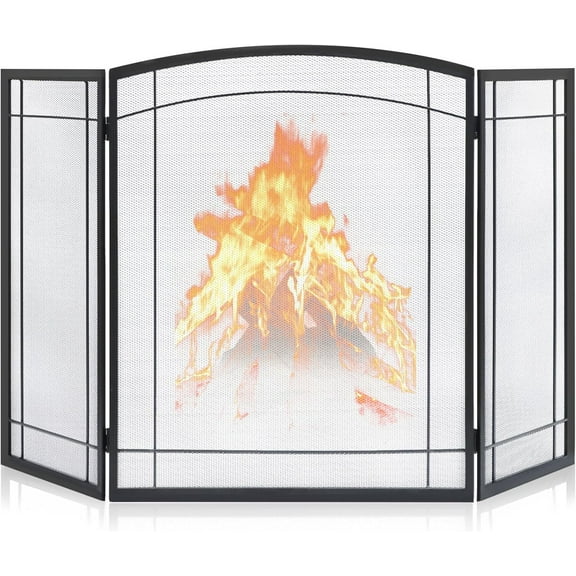 MY. 3 Panel Fireplace Screen 48" W x 29" H Modern Foldable with Wrought Metal Decorative Mesh,Arch Heavy Duty Fire Spark Guard Cover for Home Decor Indoor, Black