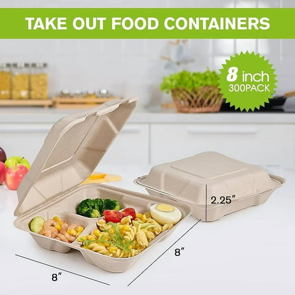 MY.300 Pack Clamshell To Go Containers, 100% Compostable Disposable Take Out Food Containers, 8X8 inch 3-Compartment Heavy-Duty To Go Boxes