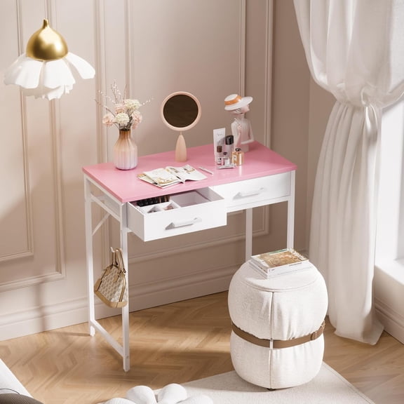 MY 32 Inch Small Computer Desk with 2 Drawers for Bedroom Study Writing Home Office Table for Small Spaces Pink