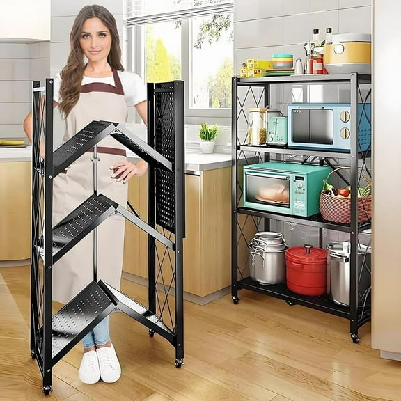 MY 4-Tier Foldable Metal Storage Shelves Organizer, Portable Closet & Garage Shelving Unit, Tiered Kitchen Baker’s Rack with Wheels, 28" x 13" x 48", Microwave Stand