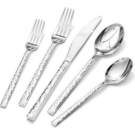 MY 40 Piece Hammered Silverware Set, 18/10 Stainless Steel Flatware Set for 8, Cutlery Set for Home, Party, Wedding, Mirror Polished Dishwasher Safe