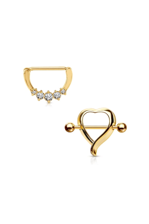 Gold Heart Nipple Shield With Crystal Nipple Bar Clicker Piercing Jewelry