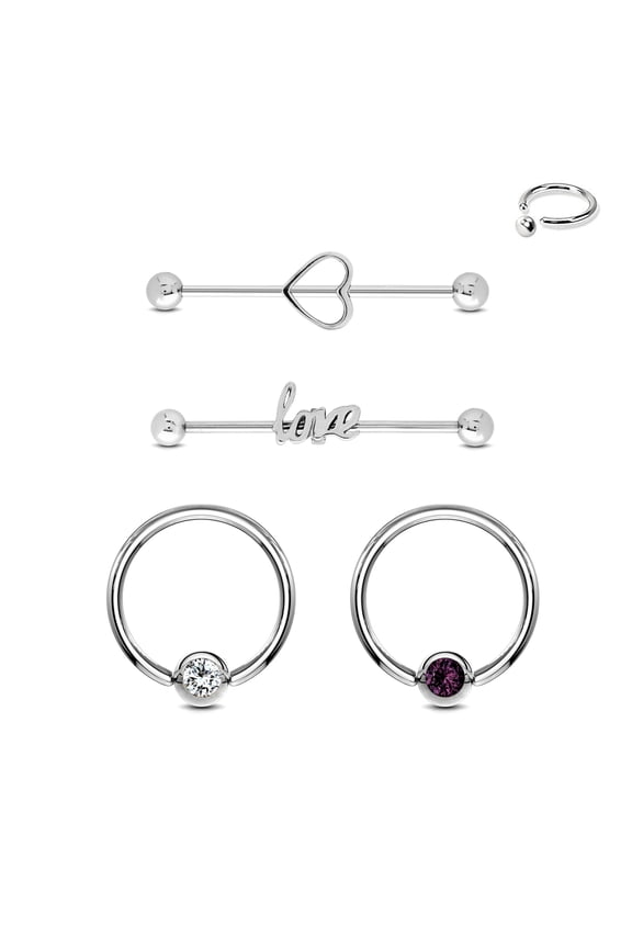 Love Heart Industrial Scaffold Bars Crystal Ball Closure Rings Piercing Jewelry