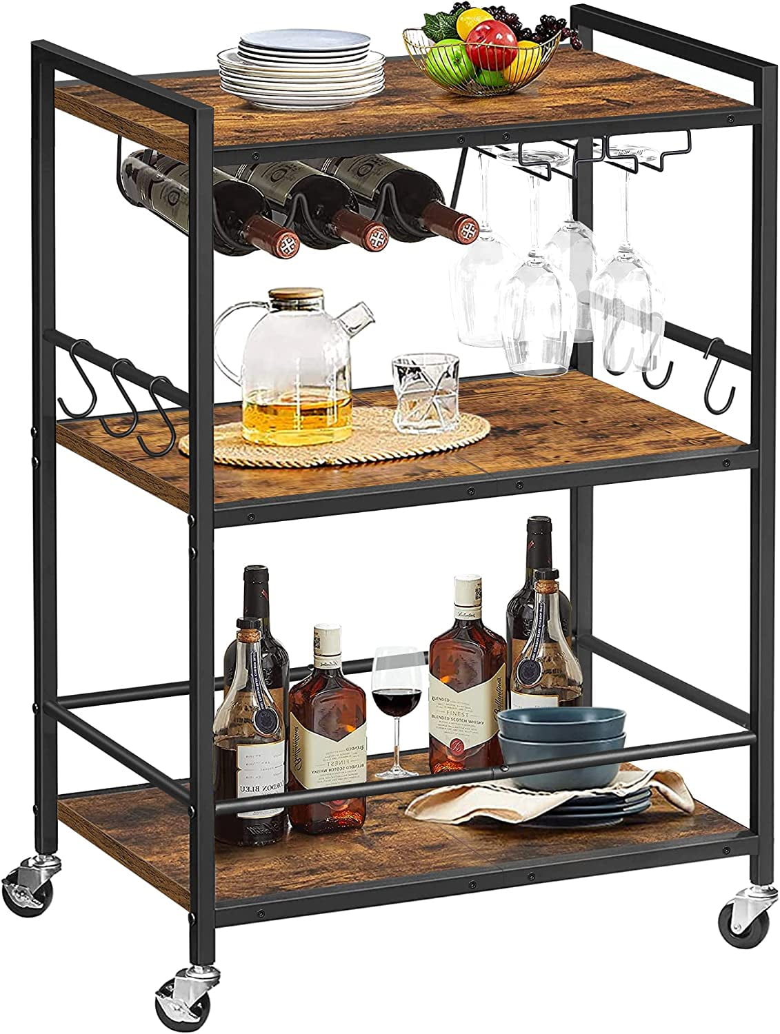 MY Bar Cart, Serving Cart for Home, Microwave Cart, Drink Cart, Mobile Kitchen Shelf with Wine Rack and Glass Holder, Rolling Beverage Cart BC01BB030