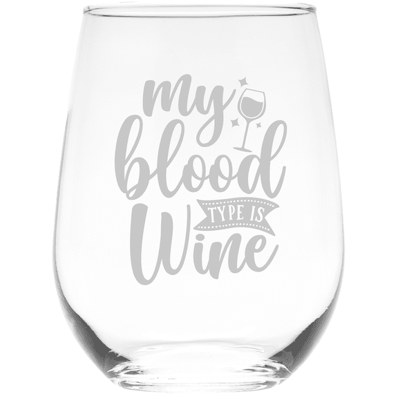 C&M Personal Gifts 17 oz My Blood Type Is Wine Funny Stemless Wine Glass