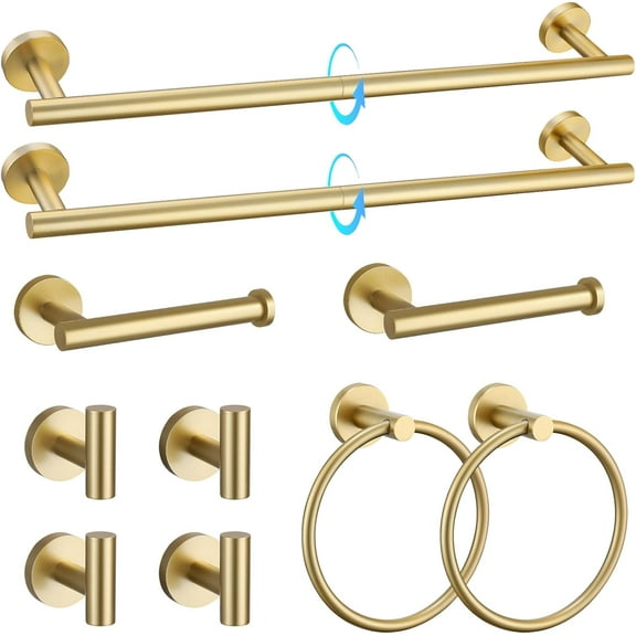MY.Brushed Gold Bathroom Hardware Accessories Set 10-Pieces, Premium SUS304 Stainless Steel Bathroom Towel Bar Holder Set 23.6 Inch Round Towel Racks for Bathroom Wall Mounted