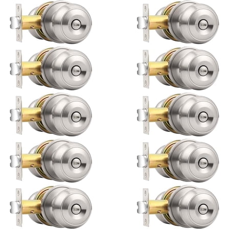 MY Brushed Nickel Bed/Bath Door Knobs, Satin Ball Door Knob, Interior Door Knobs for Bedroom Bathroom, Privacy Function, 10 Pack
