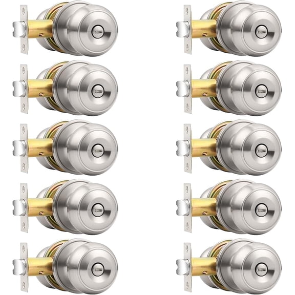 MY Brushed Nickel Bed/Bath Door Knobs, Satin Ball Door Knob, Interior Door Knobs for Bedroom Bathroom, Privacy Function, 10 Pack