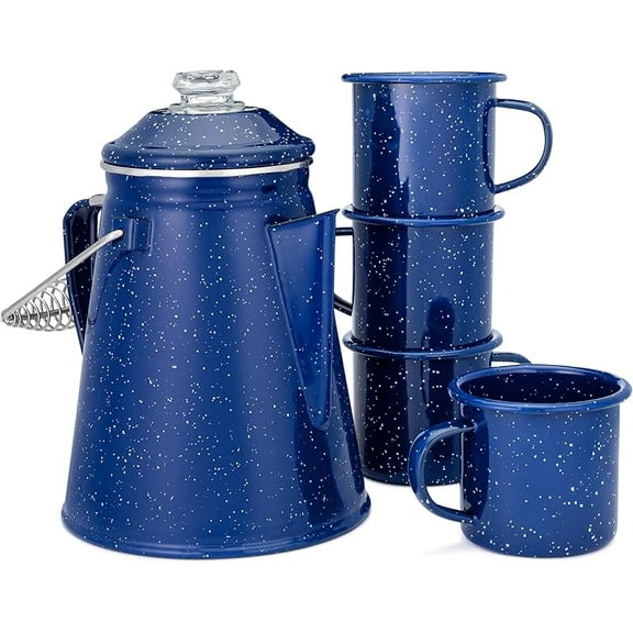 MY Camping Coffee Pot Percolator Coffee Pot with Enamel Mug 12 oz Set of 4
