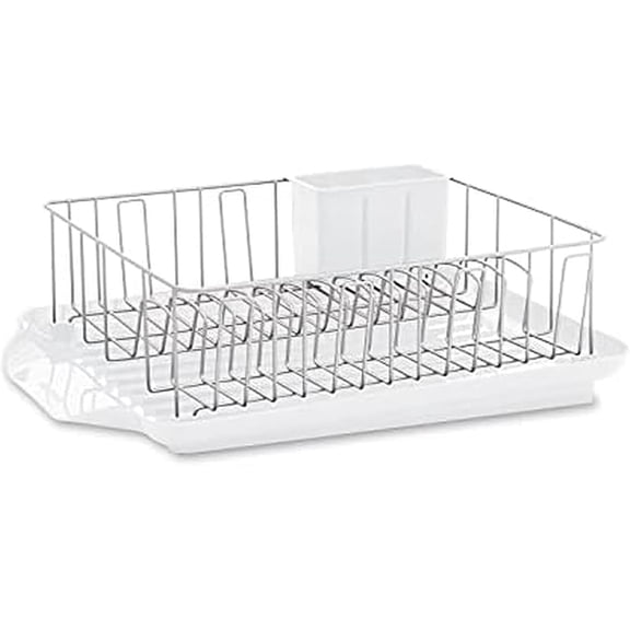 MY Classic Large Rust Resistant Full Dishrack with Removable 3 Compartment Flatware Caddy, Andlged Drain Board, 3-Piece, White