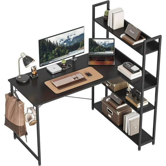 MY Computer Corner Desk with Storage Shelves, 47 Inch Reversible Small L Shaped Computer Desk, Home Office Writing Desk with 2 Hooks, Black