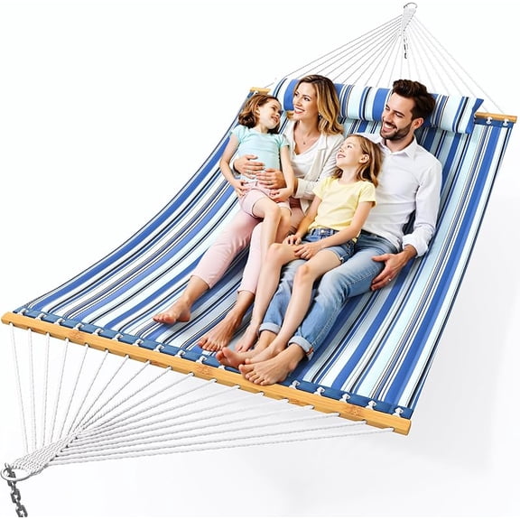 MY Double Hammock with Spreader Bar,Soft Pillow,Max Load 500lbs,Portable Hammock for Outdoor,Camping,and Backyard,Blue