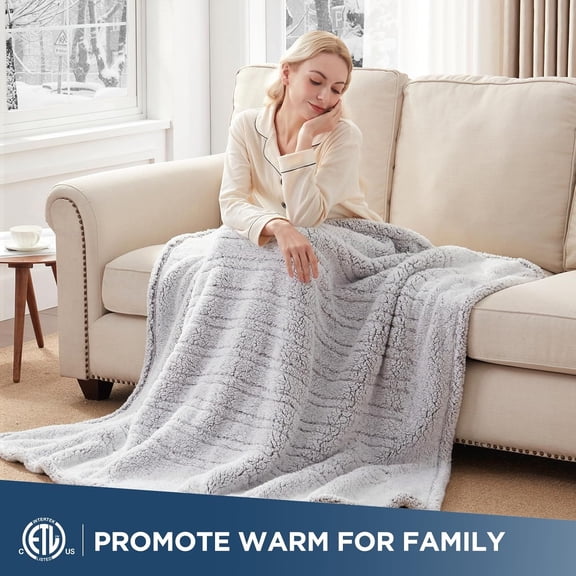 MY Electric Blanket Throw Size, Soft Plush Sherpa Heated Blanket with 6 Heating Levels & 2-10 Hours Auto-Off, Machine Washable, 50x60 inches, Grey