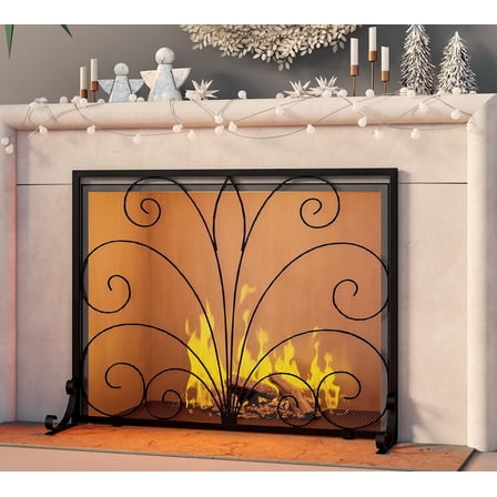 MY. Fireplace Screen,Handcrafted Wrought Iron,Flat Guard Metal Furnace Fireguards Mesh,Safe Spark Protector,Wood Burning Stove Accessories(35" L x 28" H)