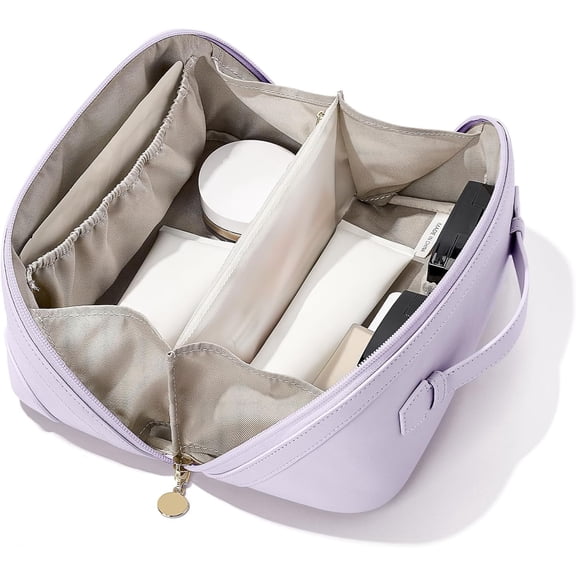 MY Flat Lay Open Makeup Bag for Women, Dual-Zipper Diagonal Travel Cosmetic Bag, Large Capacity Waterproof Toiletry Bag