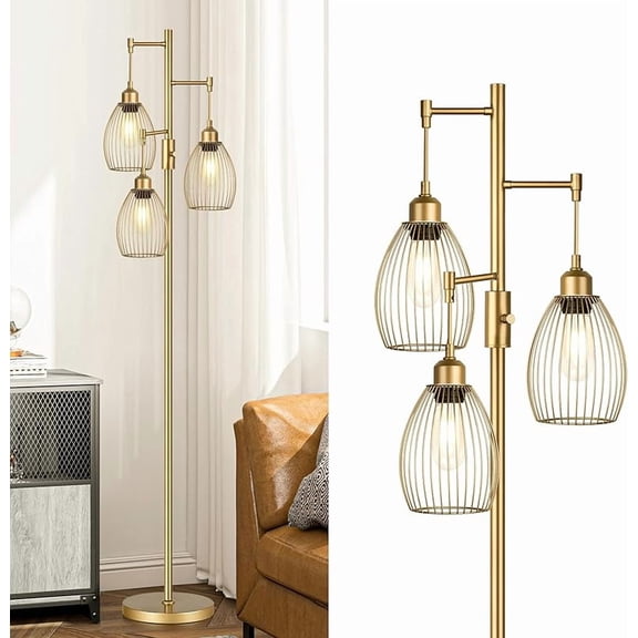 MY Industrial Floor Lamps Gold 3 Elegant Teardrop Cage Head