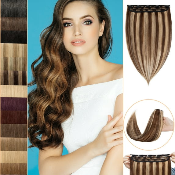 MY-LADY 10''-24'' 5 Clips in Human Hair Extensions Thick Real Natural Hair Pieces 100% Full Head Remy Hair 10inch #4P27 Medium Brown & Dark Blonde(Thin)