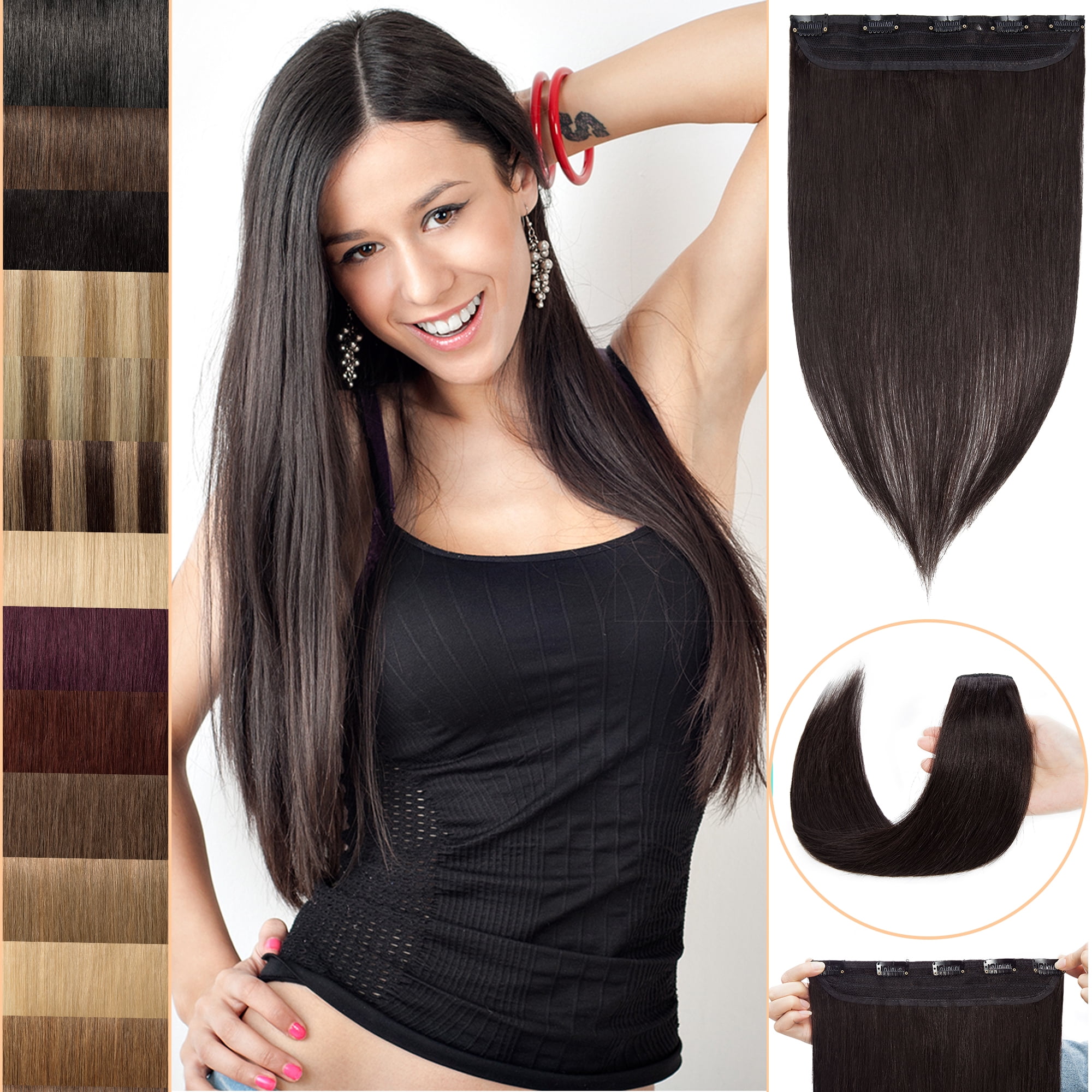 MY-LADY 10''-24'' 5 Clips in Human Hair Extensions Thick Real Natural Hair Pieces 100% Full Head Remy Hair 20inch #1B Natural Black（Thin）